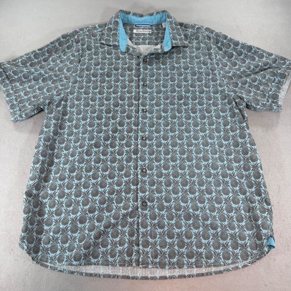Tommy Bahama Pineapple Print Shirt Blue Gray‎ Silk Blend Mens Large